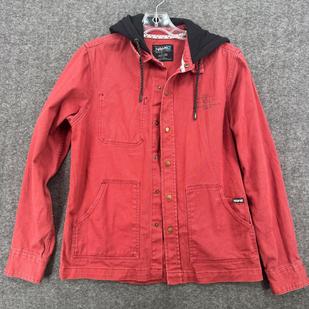 Tony Hawk Mens Small Red Hooded Canvas Shirt Jacket Snap Front Skate Workwear